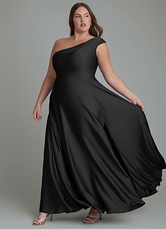 Azazie Melanie Brudtärnklänningar Klänning av A-linje i Stretch Satin Off the shoulder Svart image10