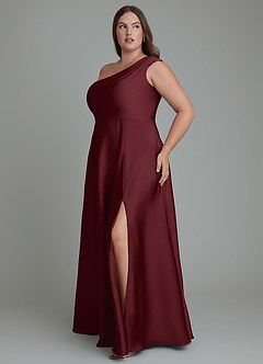 Azazie Melanie Jurken voor bruidsmeisjes Jurk van Stretch Satijn met A-lijn Off-shoulder Cabernet image11