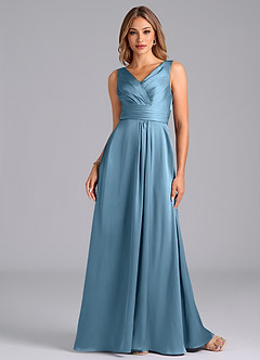 Azazie Karina Bridesmaid Dresses Steel Blue A-Line Pleated Stretch Satin Dress image4