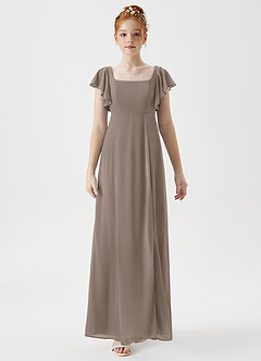 Azazie Bondi Junior A-Linie Seitliche Cut-Outs Gittergewebe Kleid Taupe image4