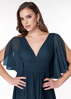 Azazie Temeka Robes de demoiselle d'honneur Robe Trapèze en Mousseline de soie Drapé Bleu Marine Foncé image10