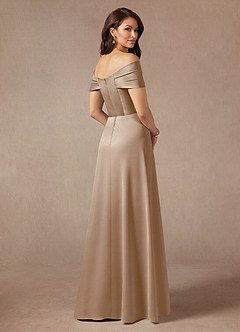 Azazie Amelia Mère de la mariée Robes Robe Trapèze en Satin extensible Épaule décolletée Taupe image2