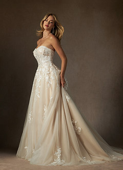 Azazie Keri Wedding Dresses Diamond White Nude Ball-Gown Strapless Lace Dress image7
