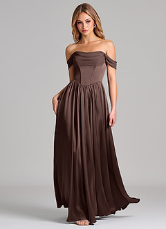Azazie Raisa Bridesmaid Dresses Ganache A-Line Off the Shoulder Stretch Satin Dress image3