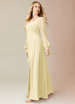 Azazie Leonia Robes de demoiselle d'honneur Robe Trapèze en Mousseline de soie Manche longue Sorbet Citron image4