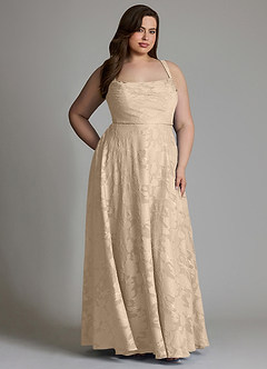 Azazie Shaude Bridesmaid Dresses Champagne A-Line Pleated Floral Burnout Dress image13