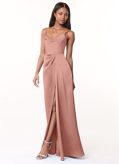 Azazie Brielle Bridesmaid Dresses Rosette A-Line Cowl Spaghetti Straps Stretch Satin Dress image3