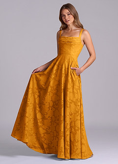 Azazie Shaude Abiti da Damigella Abito A-Line in Burnout Floreale Plissettato Caramello image5