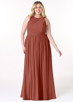Azazie Harper Robes de demoiselle d'honneur Robe Trapèze en Mousseline de soie Plissée Auburn image6