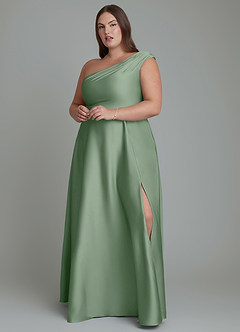 Azazie Melanie Bridesmaid Dresses Matcha A-Line Off the Shoulder Stretch Satin Dress image7