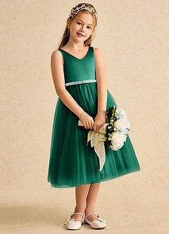 Azazie Firefly Flower Girl Dresses Emerald A-Line Bow Matte Satin Dress image2