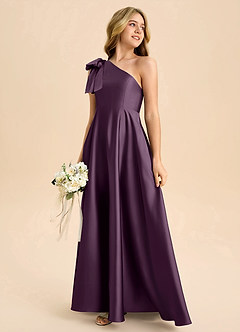 Azazie Penguin Junior Plum A-Line Bow Stretch Satin Dress image6