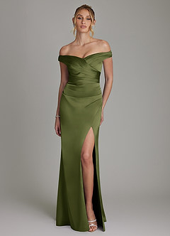 Azazie Teyana Bridesmaid Dresses Olive Sheath Off the Shoulder Stretch Satin Dress image4