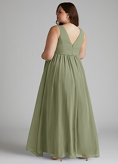 Azazie Yetta At-home Try On Dresses A-Line V-Neck Gathered Chiffon Floor-Length Dress image11