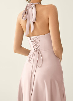 Titania Powder Pink Satin V-neck Ruffled Prom Dress image5