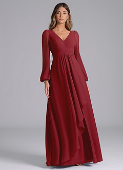 Azazie Liah Bridesmaid Dresses Pomegranate A-Line Long Sleeve Chiffon Dress image3