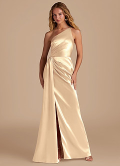 Azazie Mika Bridesmaid Dresses Gold Sheath One Shoulder Metallic Satin Dress image1