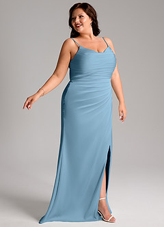 Azazie Deandra Bridesmaid Dresses Steel Blue Mermaid Pleated Stretch Satin Dress image5