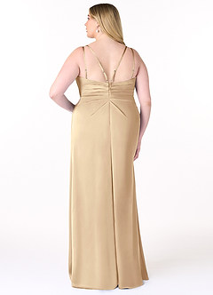 Azazie Aqua Bridesmaid Dresses Champagne A-Line V-Neck Pleated Stretch Satin Dress image9