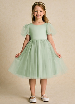 Azazie Duchess vestidos de niña de las flores Vestido de Salvia Polvorienta de Tul de Corte En A con Con mangas image4