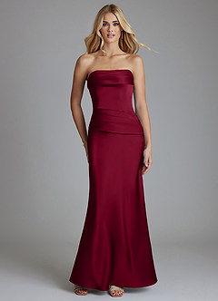 Azazie Lenya Bridesmaid Dresses Burgundy Sheath Pleated Stretch Satin Dress image1