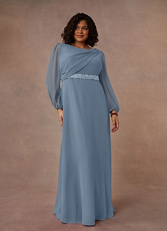 Azazie Priyanka Mother of the Bride Dresses Dusty Blue A-Line Boatneck Pleated Chiffon Dress image5