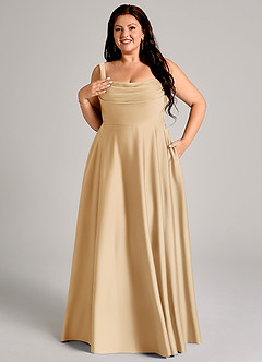 Azazie Shaude Jurken voor bruidsmeisjes Jurk van Stretch Satijn met A-Lijn Geplooid Goud image11