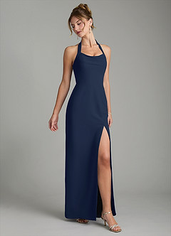 Azazie Arnelle Bridesmaid Dresses Dark Navy Sheath Pleated Chiffon Dress image3