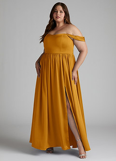 Azazie Morana Bridesmaid Dresses Butterscotch A-Line Off the Shoulder Stretch Satin Convertible Dress image12
