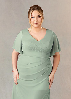 Azazie Selah Final Sale Dusty Sage A-Line V-Neck ruched Mesh Dress image9