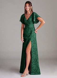 Azazie Ambrosia Vestidos de damas de honor Vestido de Verde Oscuro de Devorado Floral de Corte en A con Plisado image4