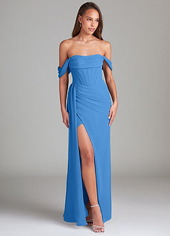Azazie Amyra Robes de demoiselle d'honneur Robe Fourreau Convertible en Mousseline de soie Épaule décolletée Geai Bleu image3