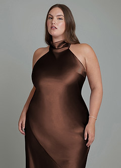 Azazie Velli Jurken voor bruidsmeisjes Jurk van Metaalachtig Satijn met Kolom Hoge hals Ganache image3