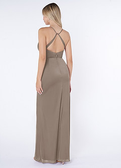 Azazie Kalea Final Sale Taupe Mermaid Pleated Mesh Dress image4