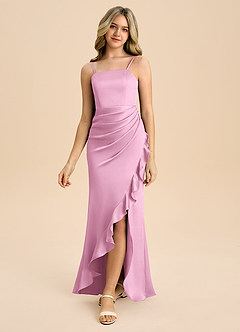 Azazie Buzzy Junior Candy Pink Sheath Pleated Stretch Satin Dress image5