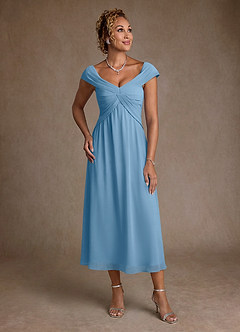 Azazie Mirta Final Sale Steel Blue A-Line Pleated Floral Burnout Dress image1