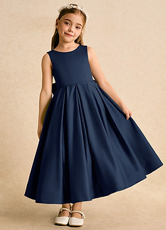 Azazie Cailee Flower Girl Dresses Dark Navy Ball-Gown Pleated Matte Satin Dress image2