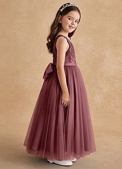 Azazie Cinna Robe Demoiselle D'honneur Fillette Robe Trapèze en Tulle Dentelle Rose Du Désert image4