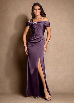 Azazie Altonia Mother of the Bride Dresses Plum Mermaid Off the Shoulder Stretch Satin Dress image4