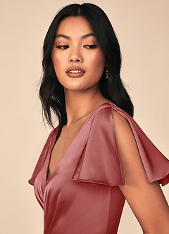 Azazie Soren Vestidos de damas de honor Vestido de Rosa Antigua de Satén Elástico de Corte en A con Plisado image6