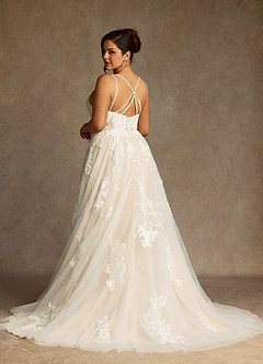 Azazie Lorenza Wedding Dresses Diamond White Champagne A-Line V-Neck Sequins Tulle Dress image11