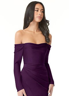 Azazie Hallie Robes de demoiselle d'honneur Robe Fourreau Convertible en Satin extensible Schulterfreies Langarmshirt Grain De Raisin image1
