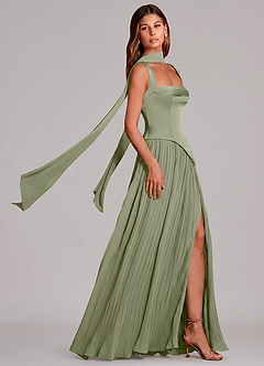 Azazie Stephanie Robes de demoiselle d'honneur Robe Trapèze en Satin extensible Plissé Pistache image3