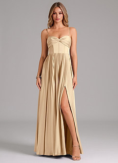 Azazie Tyla Bridesmaid Dresses Champagne A-Line Sweetheart Neckline Stretch Satin Dress image1