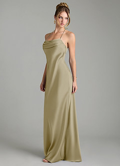 Azazie Mae Vestidos de damas de honor Vestido Musgo Verde de Satén Elástico de Corte Sirena con Plisado image4