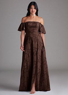 Azazie Sue Vestidos de madrinha de casamento Vestido Ganache de Esgotamento Floral de Linha A com Fora do ombro image1