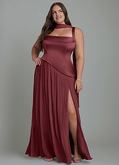 Azazie Stephanie Vestidos de damas de honor Vestido Merlot de Satén Elástico de Línea A con Plisado image15