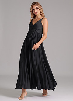 Azazie Raychelle At-home Try On Dresses Black A-Line Pleated Stretch Satin Dress image6