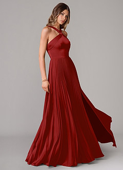 Azazie Afra Bridesmaid Dresses Pomegranate A-Line Pleated Stretch Satin Dress image3