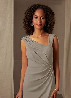 Azazie Cecily At-home Try On Dresses Taupe Sheath Stretch Crepe Dress image4